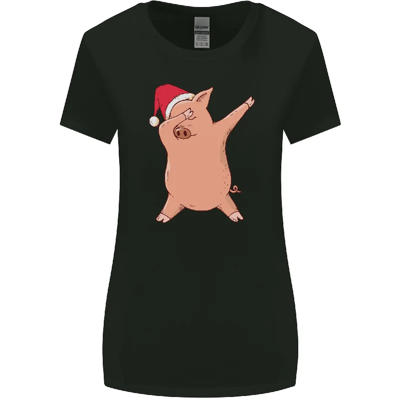 Christmas Dabbing Pig Wearing an Xmas Hat Womens Wider Cut T-Shirt Oversized T-Shirt Spandex breathable