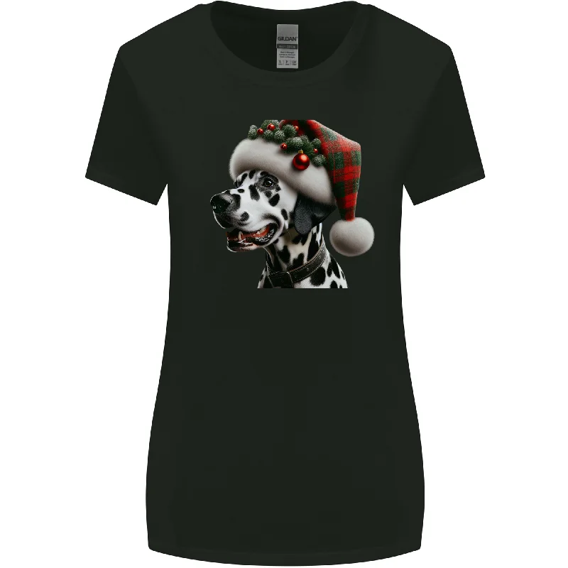 Christmas Dalmatian Dog Wearing a Xmas Hat Womens Wider Cut T-Shirt Asymmetrical Pockets Print