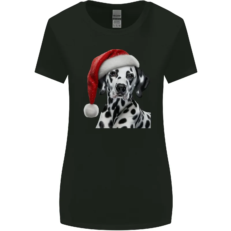 Christmas Dalmatian Wearing a Xmas Hat Dog Womens Wider Cut T-Shirt Zippered Buttoned Snapped