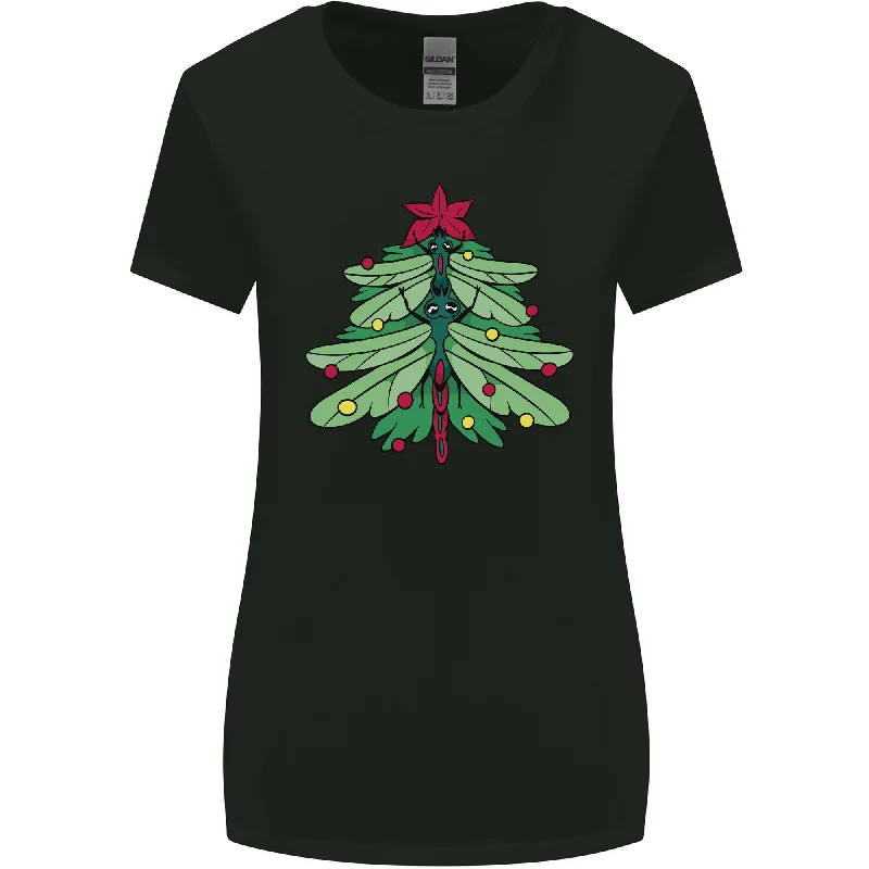 Christmas Dragonfly Xmas Tree Womens Wider Cut T-Shirt Mesh Blend Leather Blend Suede Blend