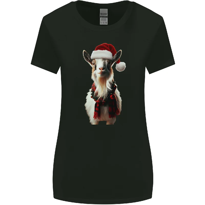 Christmas Goat Wearing  an Xmas Hat Womens Wider Cut T-Shirt Mesh Fabric Canvas Fabric Denim Fabric