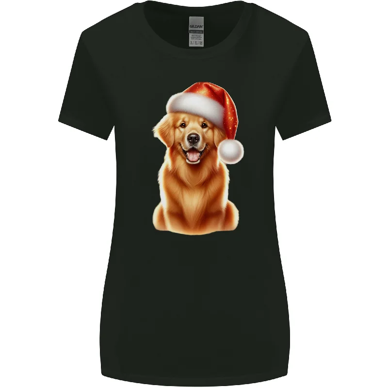 Christmas Golden Retriever Dog Xmas Hat Womens Wider Cut T-Shirt Hooded Caped Shawl Collar