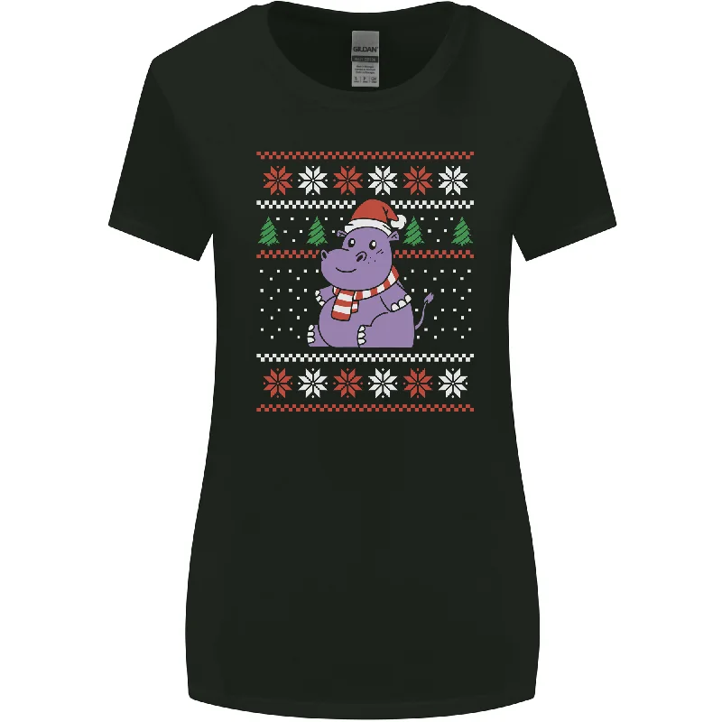 Christmas HIppo Xmas Hippopotamus Womens Wider Cut T-Shirt Notch Collar Peter Pan Collar Cowl Neck