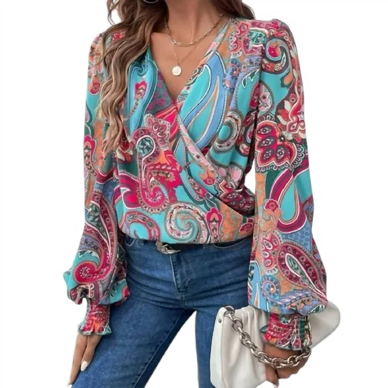 Cross Wrap Blouse In Multicolor Playful Puff Blouse