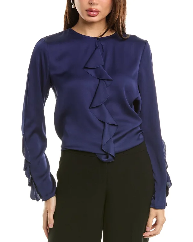 Elie Tahari Satin Ruffle Silk-Blend Blouse Double Button Blouse