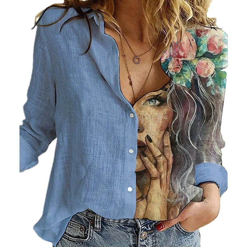 Fashion Retro Portrait Floral Print Women Shirt  Autumn Stitching Button Long Sleeve Cotton Linen Blouses Casual Street Lady Top Asymmetric Hem Blouse