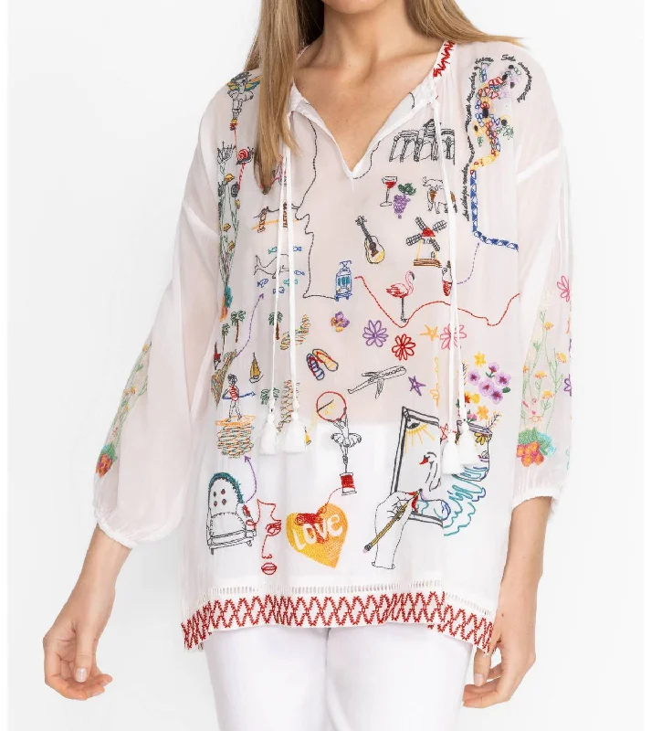 Fatima Zadonia Blouse In White Embroidered Cotton Blouse