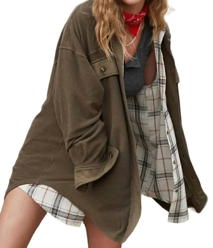 Fleece Shacket In Olive Wrap Front Blouse