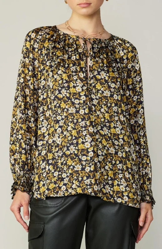 Floral Blouse In Black Floral Subtle Shimmer Blouse