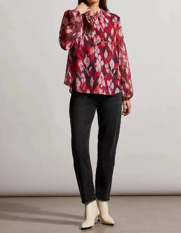 Flowy Swiss Dot Chiffon Blouse In Red Plum Ruched Sleeve Blouse