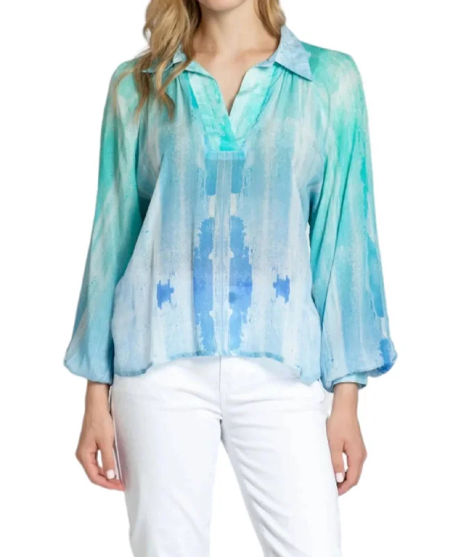 Half-Plaket Blouse In Teal And Blue Sleeveless Chiffon Blouse