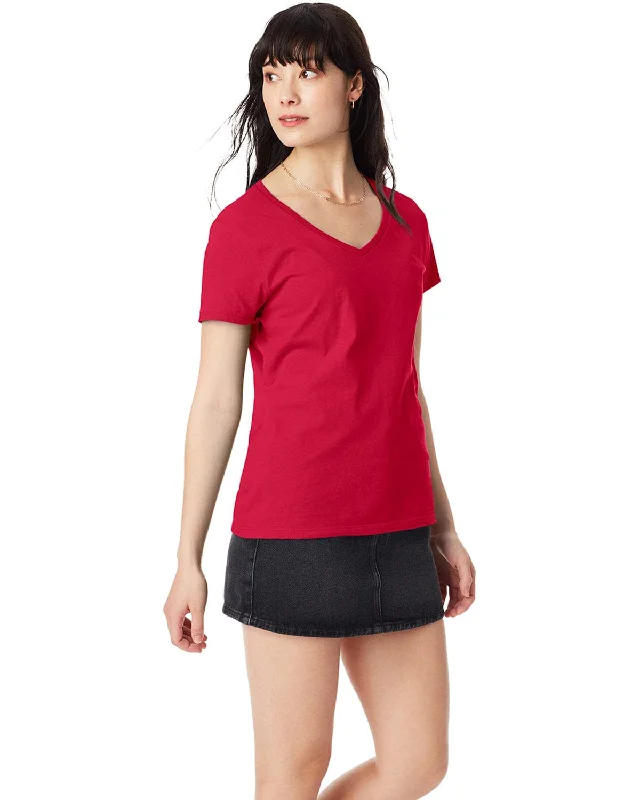 Hanes Ladies Ringspun Cotton Nano V-Neck T-Shirt | Deep Red Sequined Glittery Shiny