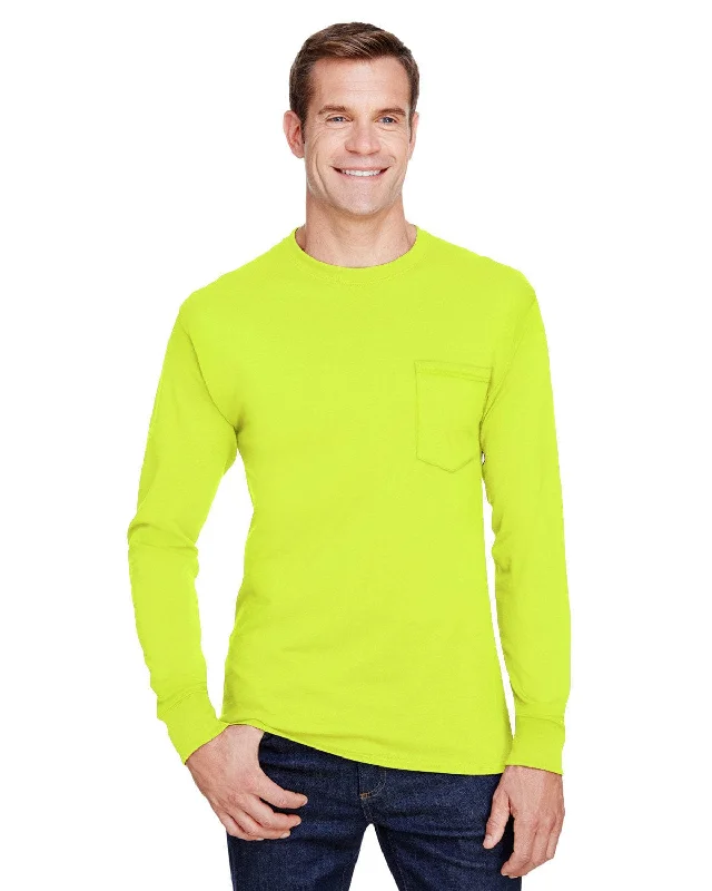 Hanes Workwear Long Sleeve Pocket T-Shirt | Safety Green Sequined Glittery Shiny