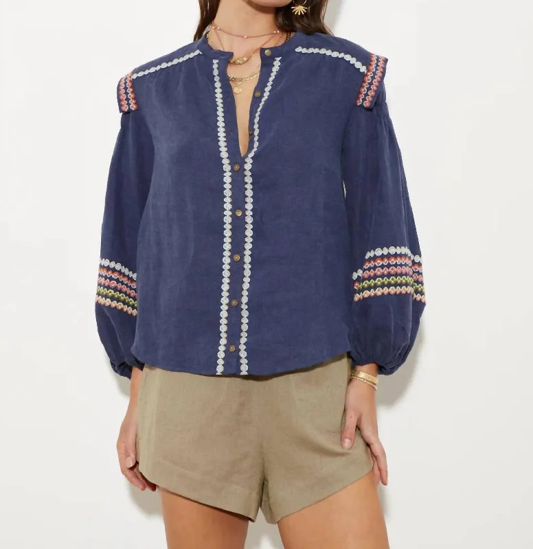 Jeanne Embroidered Blouse In Denim Subtle Shimmer Blouse