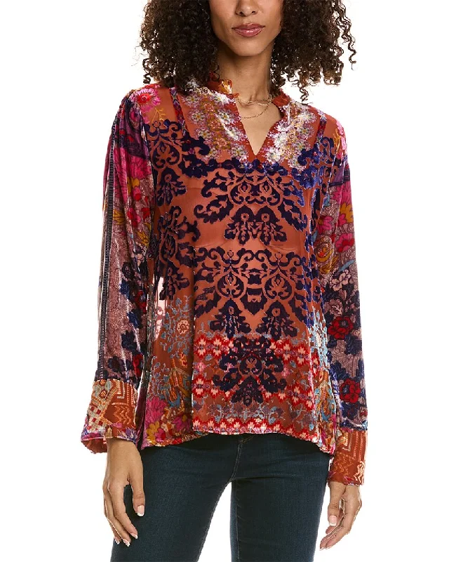 Johnny Was Syriah Burnout Enta Silk-Blend Blouse Casual Relaxed Blouse