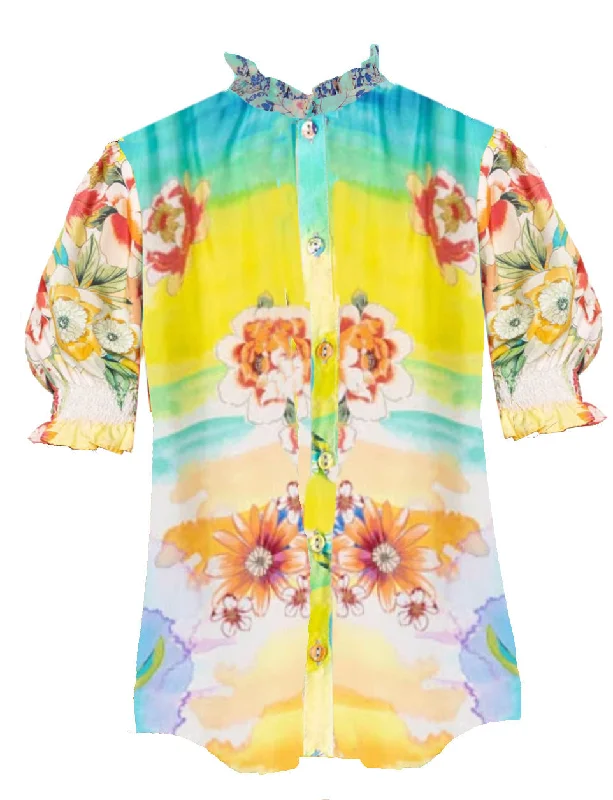 Johnny Was Women Tiedyer Leila Short Puff Sleeve Ruffle Trim Top Blouse Multicolor Double-Layered Blouse