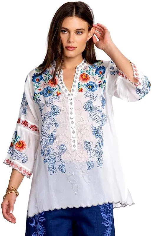 Johnny Was Women's Maverick Blouse White Embroidered Flowy Bohemian Blouse