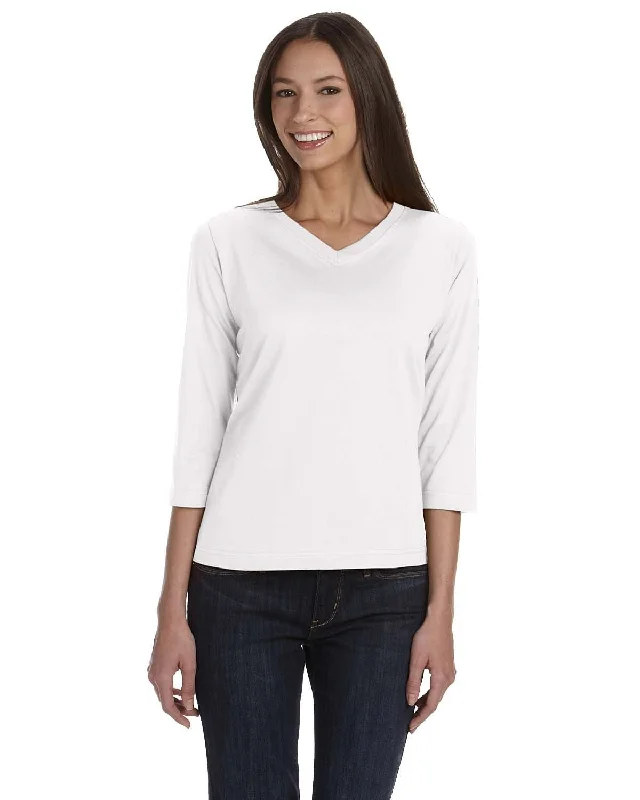 LAT Ladies 3/4 Sleeve V-Neck Tee | White Fleece Fabric Down Fabric Feather Fabric