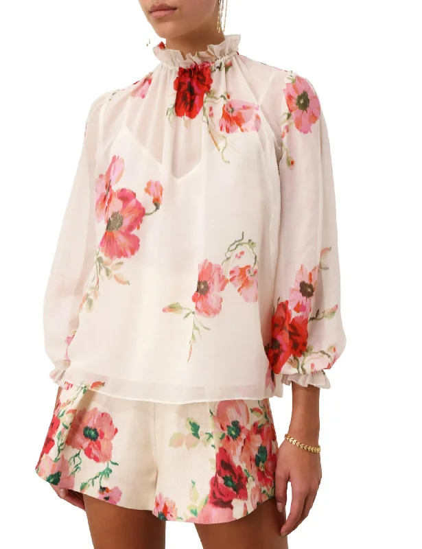 Lightburst Billow Blouse In Cream Red Floral Versatile Layering Blouse