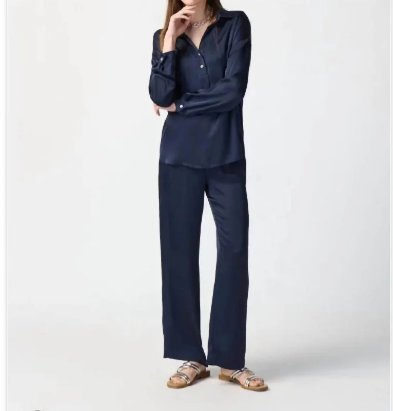 Long Sleeve Satin Blouse In Midnight Blue Gathered Detail Blouse