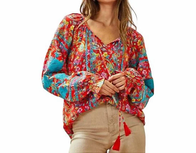 Long Sleeves Embroidery Top Blouse In Turquoise Silky Draped Blouse