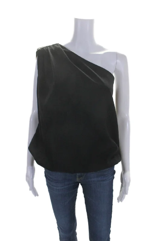 Max Valmont Women's Asymmetrical One Shoulder Elastic Waist Blouse Black Sheer Mesh Blouse