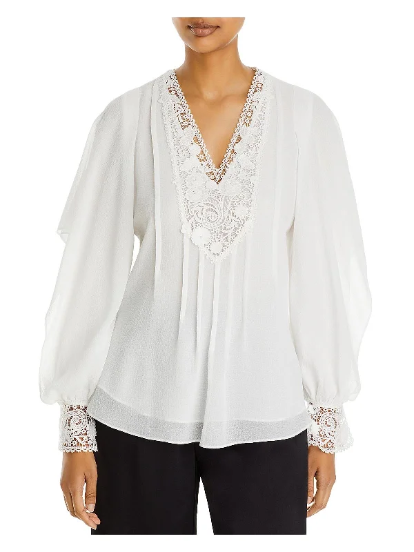 Melanie Womens Lace Trim V-Neck Blouse Semi-Sheer Blouse