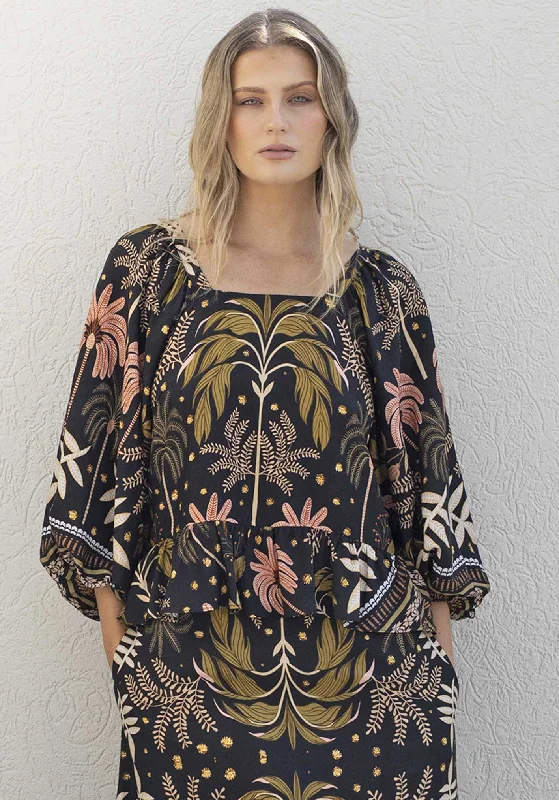 Midnight Tropical Peplum Blouse Short Sleeve Blouse
