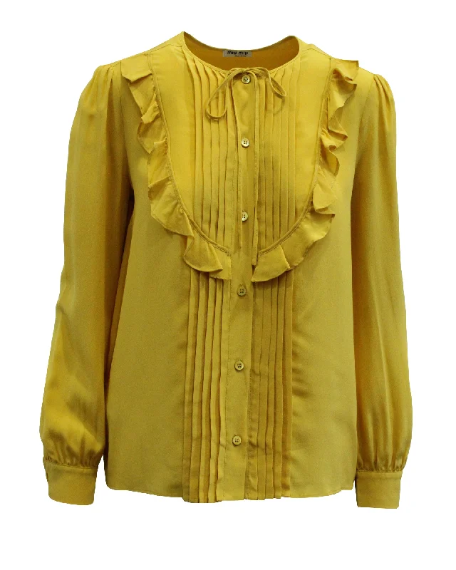 Miu Miu Ruffle Embellished Blouse in Yellow Silk Casual Button Blouse