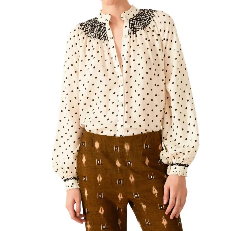 Nixie Smocked Blouse In Cream Dot Satin Drape Blouse
