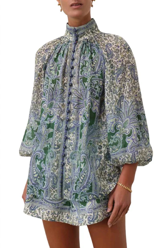 Ottie Billow Blouse Top In Green Paisley Semi-Sheer Blouse