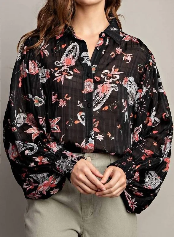 Paisley Bishop Sleeve Blouse In Black Feminine Pastel Blouse