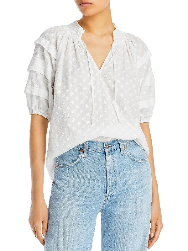 Paris Womens Embroidered Tie Neck Blouse Frilled Cuff Blouse