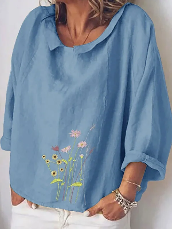 Pbong Cotton Linen Women Blouses Summer Long Sleeve Florals Animal Print Blouse Shirts Turn-down Collar Loose Female Blusa Tosp 5XL Modern Work Blouse