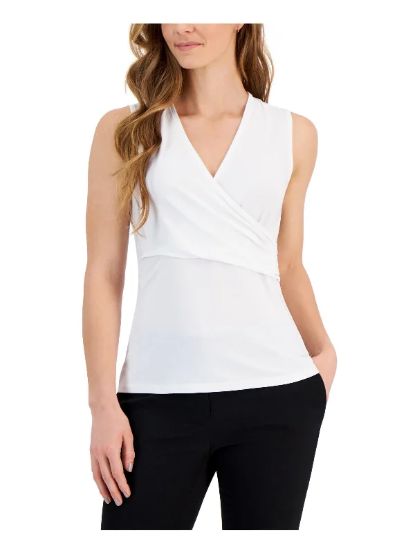 Petites Womens Faux-Wrap Sleeveless Blouse Smart Business Blouse