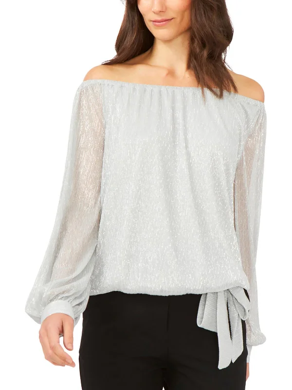 Petites Womens Metallic Sheer Blouse Sweetheart Neck Blouse