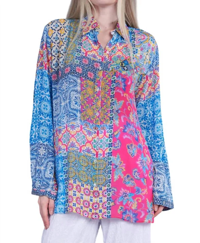 Petunia Print Classic Blouse In Multi Collared Satin Blouse