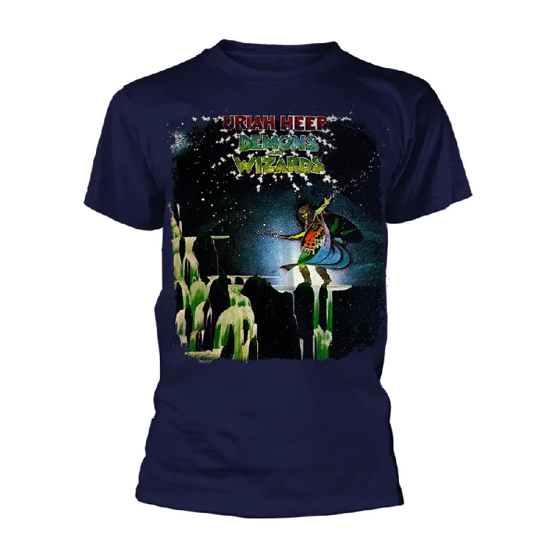 Uriah Heep Unisex T-shirt: Demons And Wizards (Navy) Notch Collar Peter Pan Collar Cowl Neck