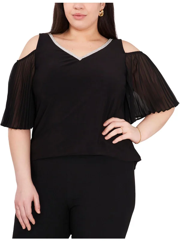 Plus Womens Embellished Pleated Blouse Versatile Layering Blouse