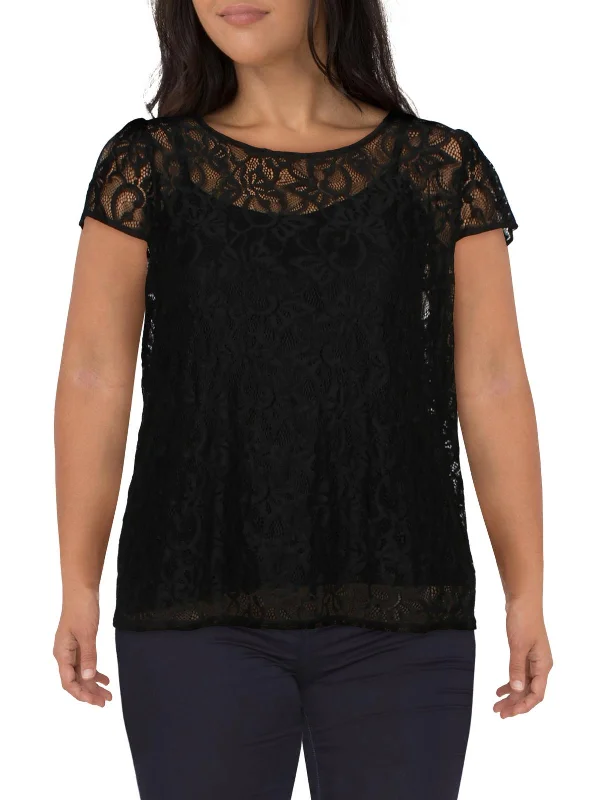 Plus Womens Lace Cap Sleeve Blouse Gathered Detail Blouse