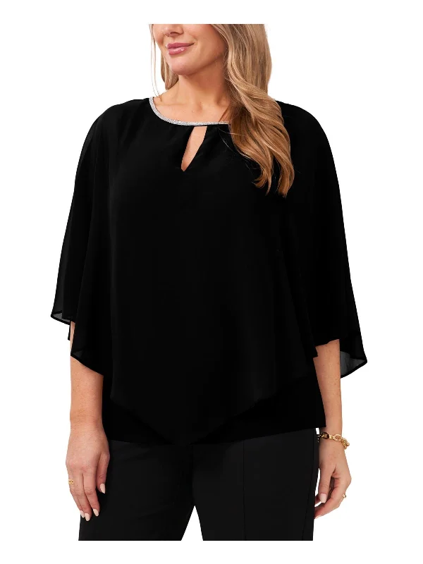 Plus Womens Rhinestone Polyester Blouse Lightweight Linen Blouse