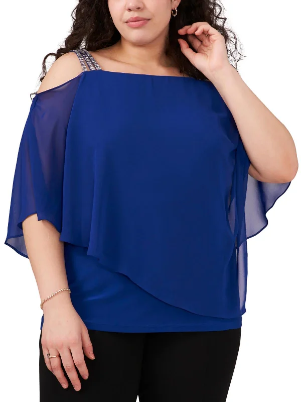 Plus Womens Rhinestone Straps Cold Shoulder Blouse Casual Relaxed Blouse
