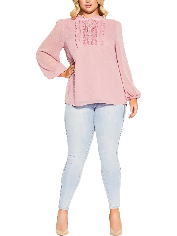 Plus Womens Ruffle Neck Embroidered Blouse Versatile Layering Blouse