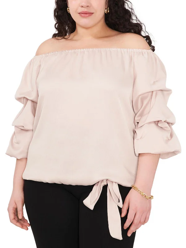 Plus Womens Textured Off the Shoulder Blouse Satin Long Blouse