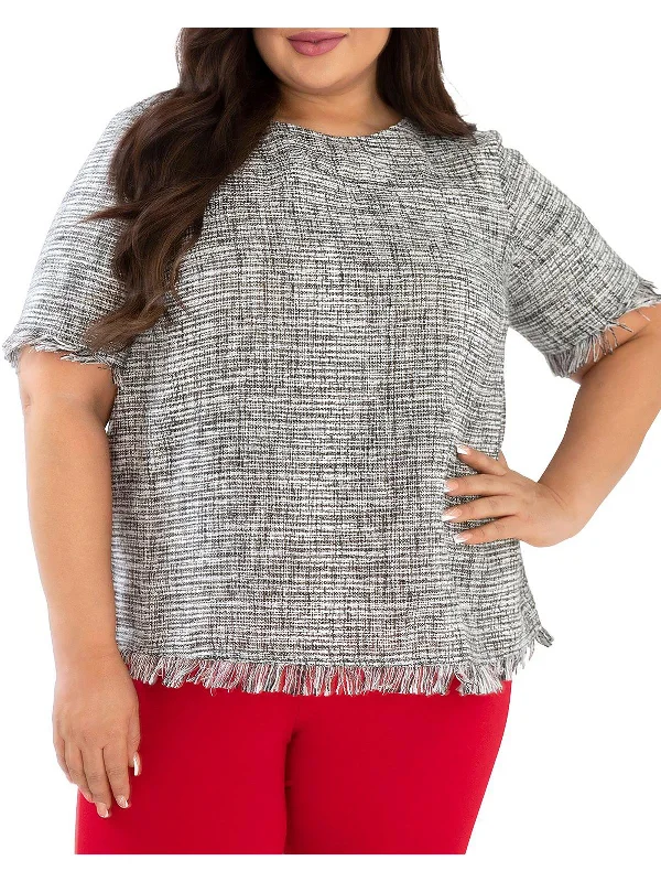 Plus Womens Tweed Fringe Blouse Chic Off-Shoulder Blouse