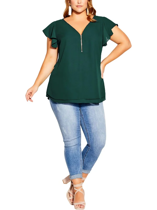Plus Womens Zipper Flutter Sleeves Blouse Classic Striped Blouse