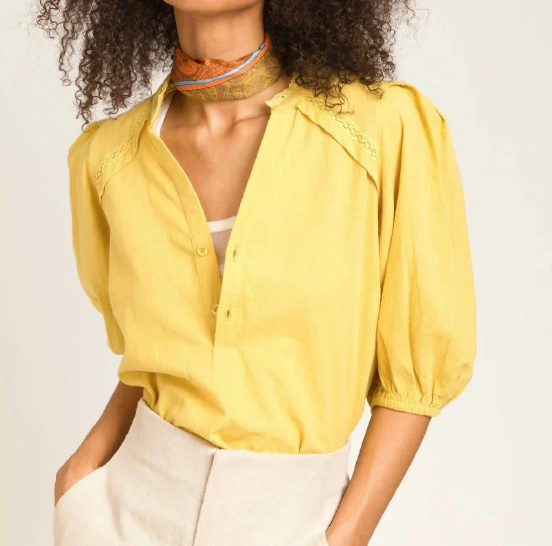 Puff Sleeve Crochet Blouse In Mustard Yellow Pastel Color Blouse