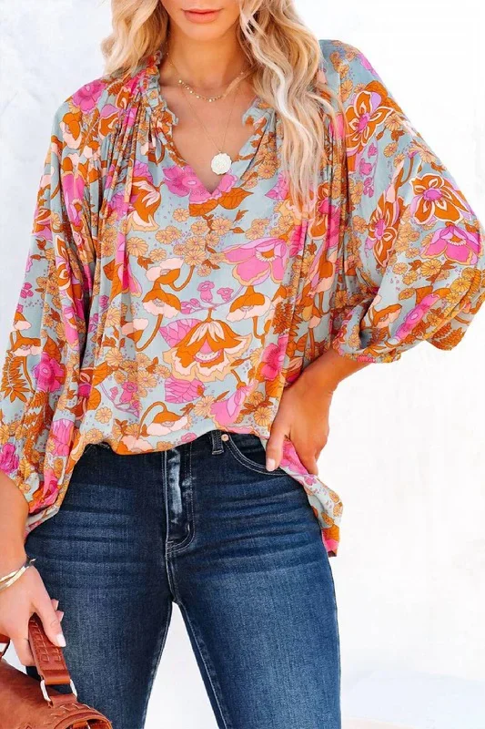 Retro Print Blouse In Blue Floral Lightweight Tunic Blouse