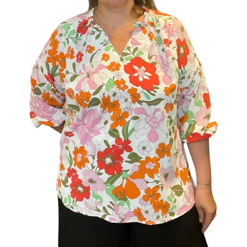 Retro Print Blouse In Citrus Floral Casual Stripe Blouse