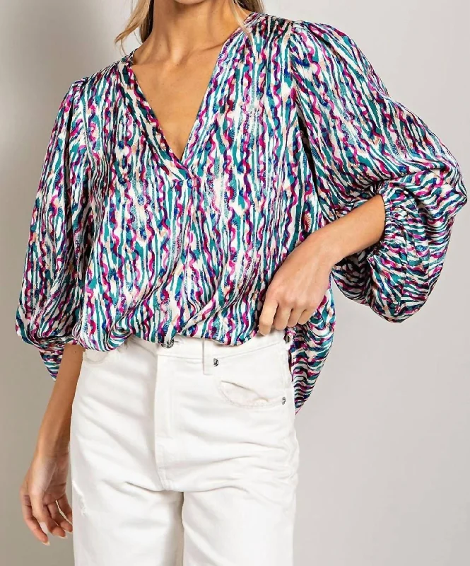 Retro Print V Neck Bubble Sleeve Blouse In Blue Asymmetric Hem Blouse